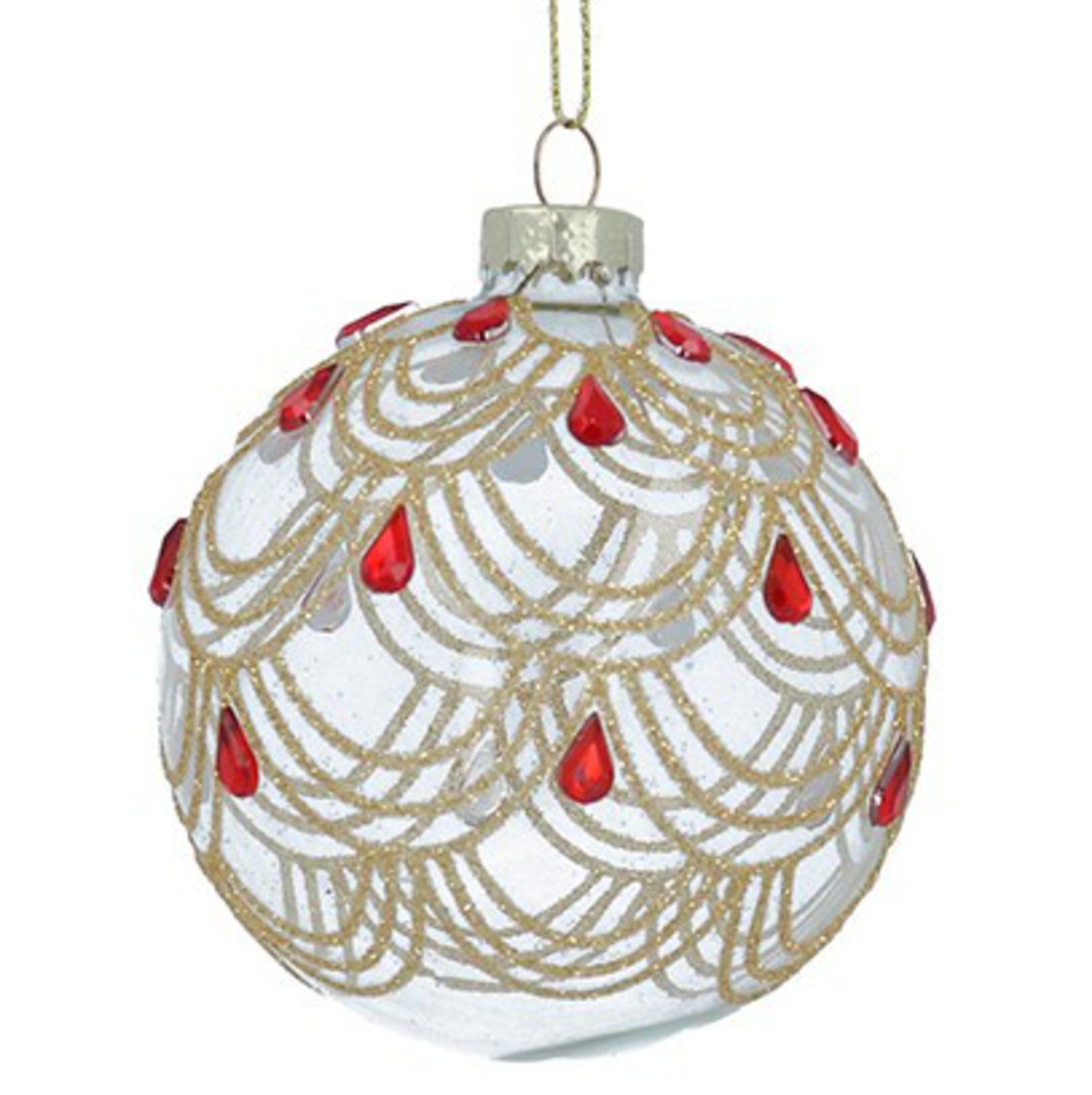 Glass Ball Clear, Gold Swags Red Gems 8cm image 0